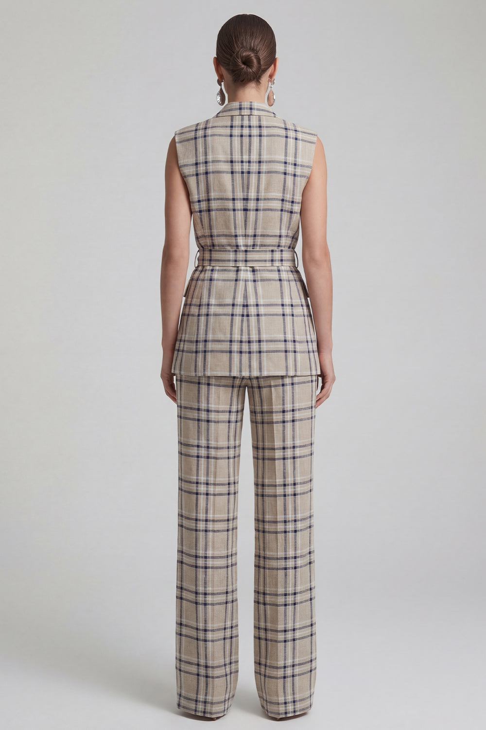 Grey Grid 2 Piece Peaked Lapel Women's Linen Suits with Pockets