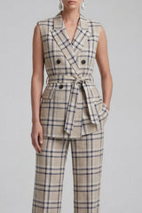 Grey Grid 2 Piece Peaked Lapel Women's Linen Suits with Pockets