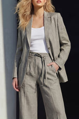2 Piece Grey Notched Lapel Women's Linen Suits with Pockets