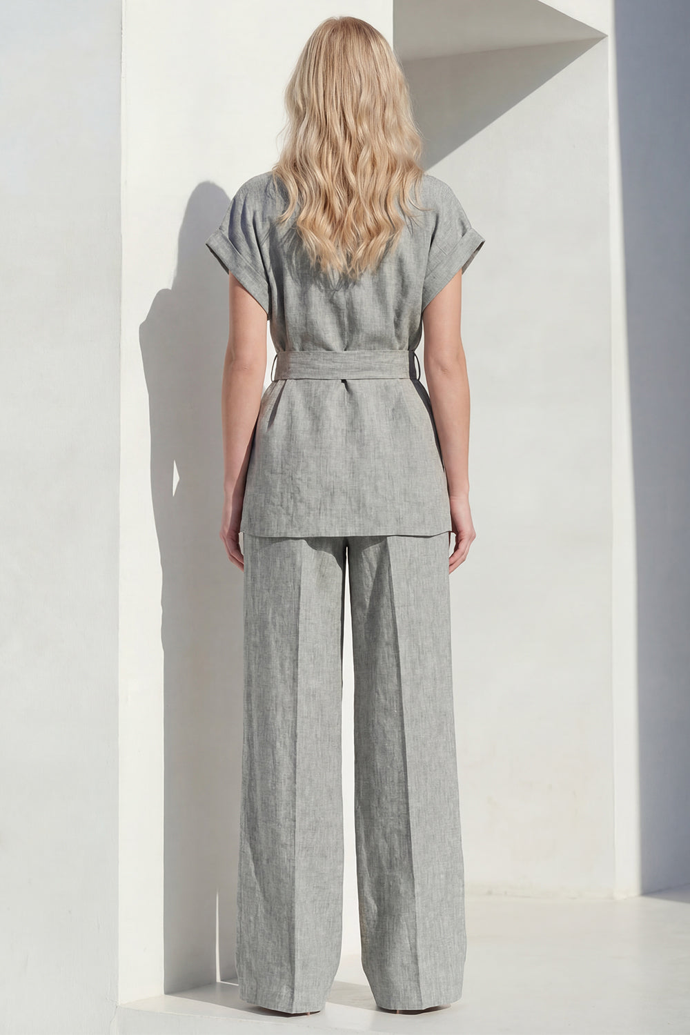 2 Piece Grey Short Sleeve Women's Linen Suits with Belt