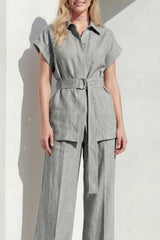 2 Piece Grey Short Sleeve Women's Linen Suits with Belt