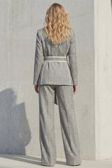 Peaked Lapel 2 Piece Grey Plaid Women's Linen Suits with Sash