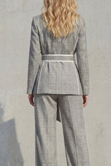 Peaked Lapel 2 Piece Grey Plaid Women's Linen Suits with Sash