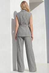 Stripe Peaked Lapel 2 Piece Grey Women's Linen Suits with Sash