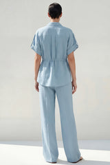 Blue 2 Piece Short Sleeve Women's Linen Suits