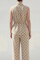 2 Piece Khaki Polka Dot Sleeveless Women's Linen Suits