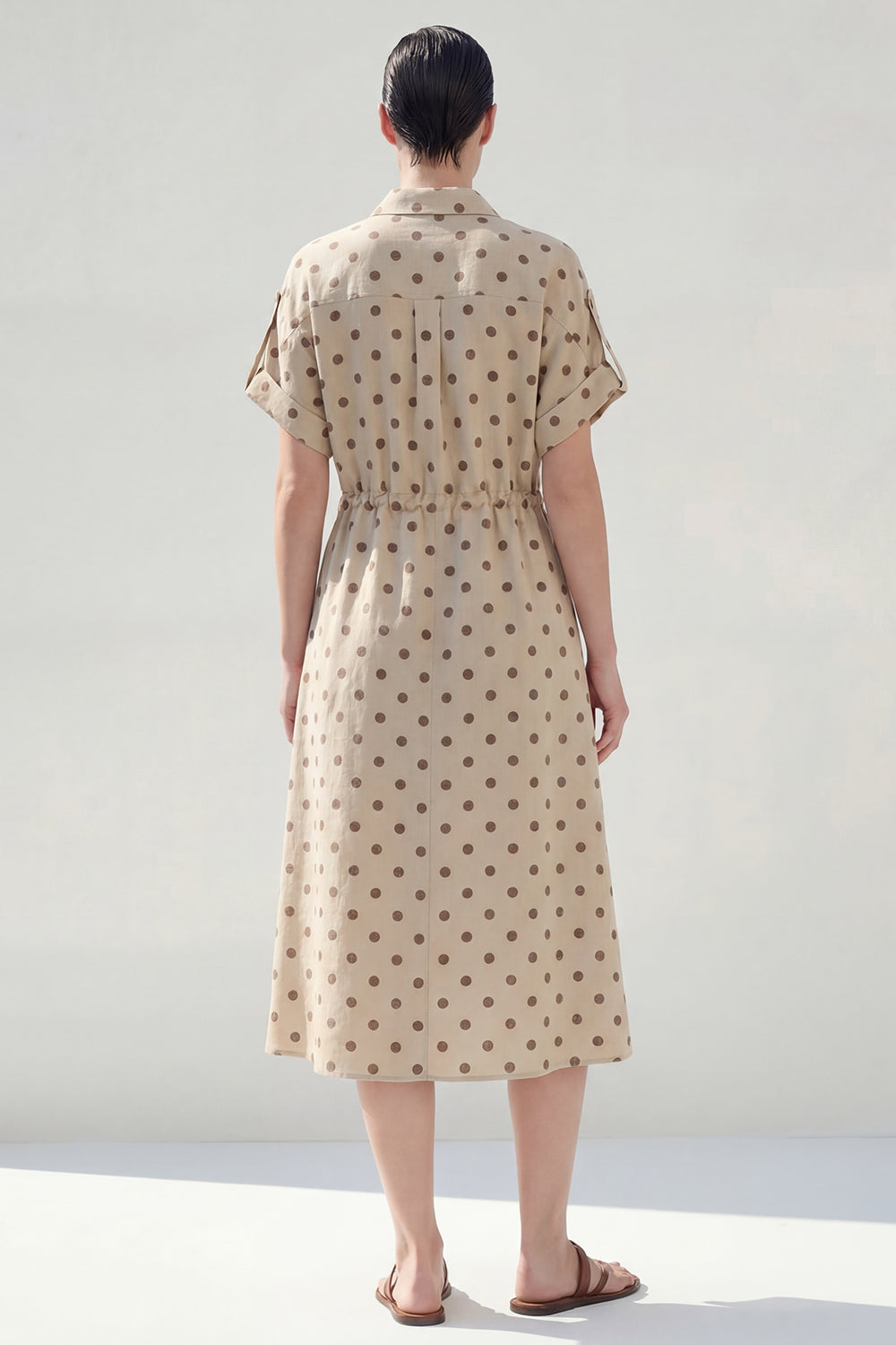 Polka Dot A Line Khaki Midi Work Dress with Short Sleeves