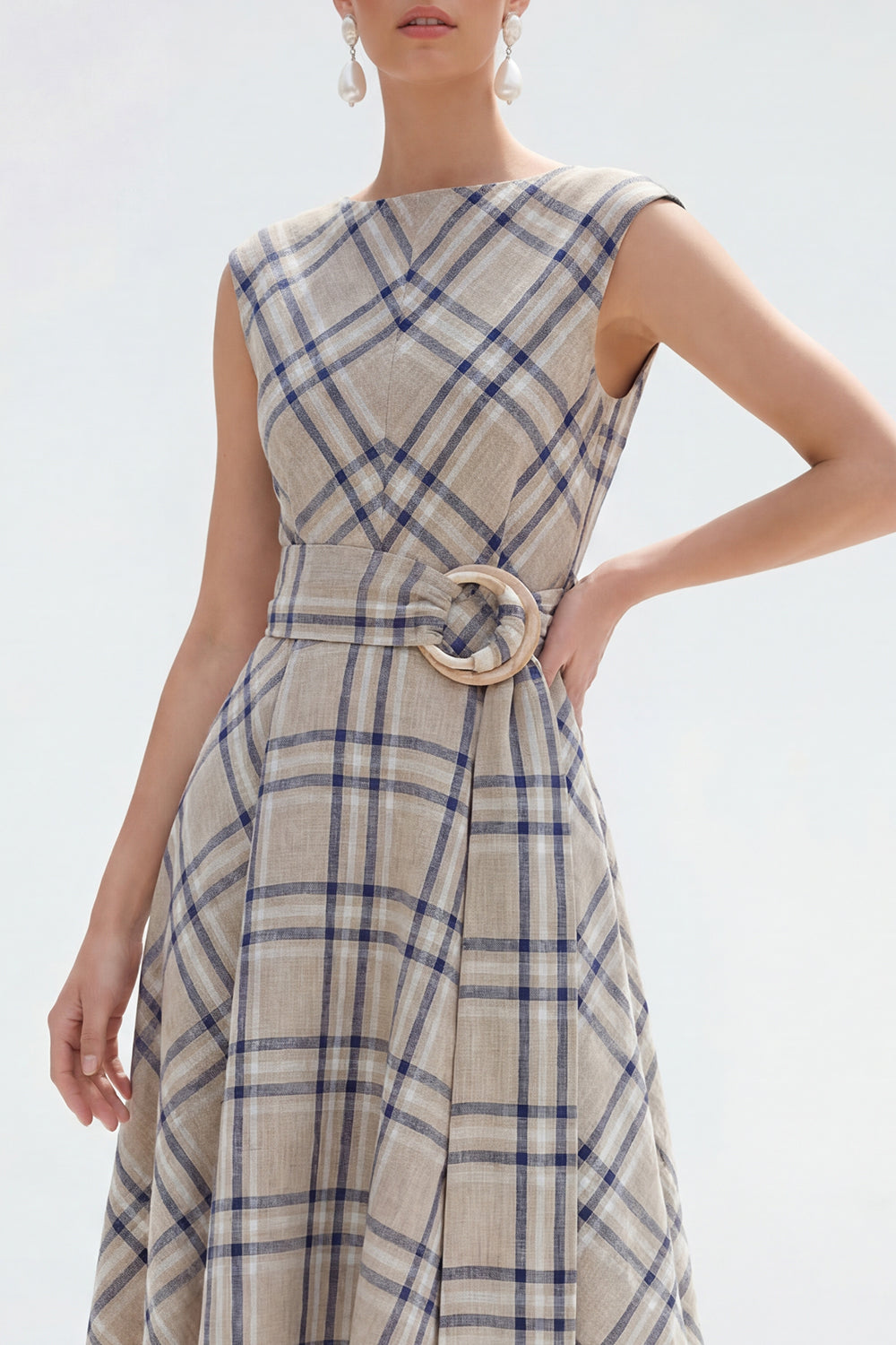 Plaid A Line Grey Grid Bateau Neck Midi Work Dress