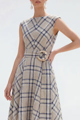 Plaid A Line Grey Grid Bateau Neck Midi Work Dress