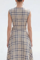 Plaid A Line Grey Grid Bateau Neck Midi Work Dress
