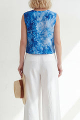 2 Piece Blue Printed Sleeveless Women's Linen Suits