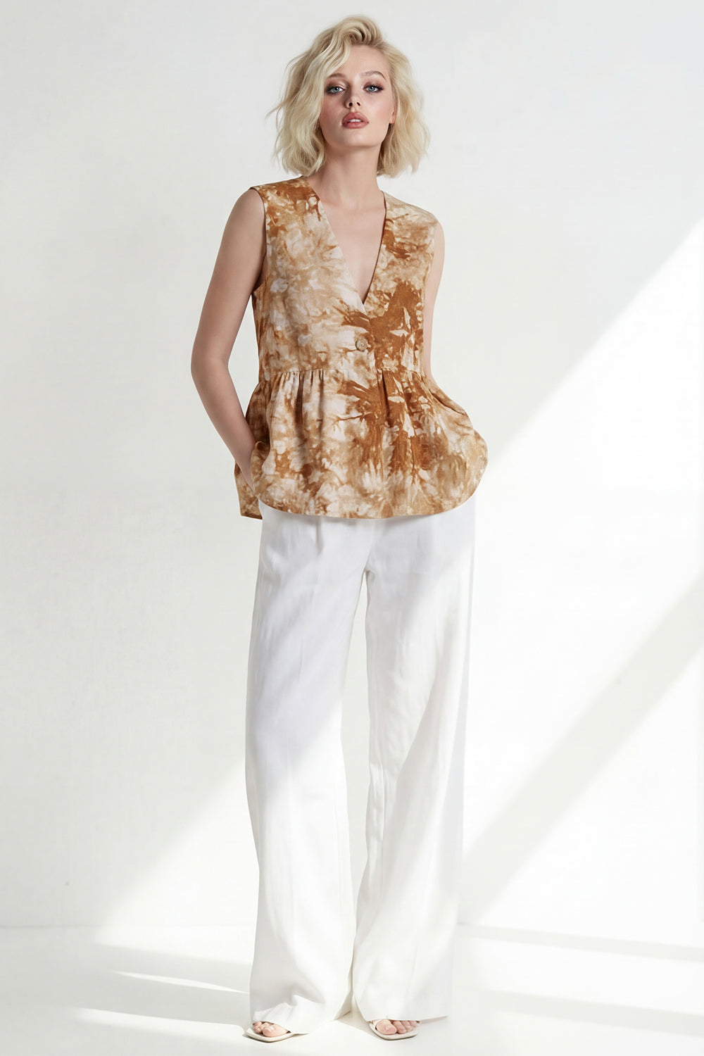 Pink 2 Piece Printed Sleeveless Women's Linen Suits