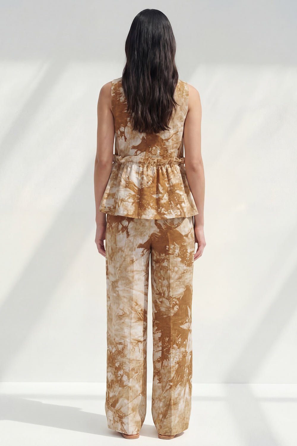2 Piece Blue Bateau Neck Printed Women's Linen Suits