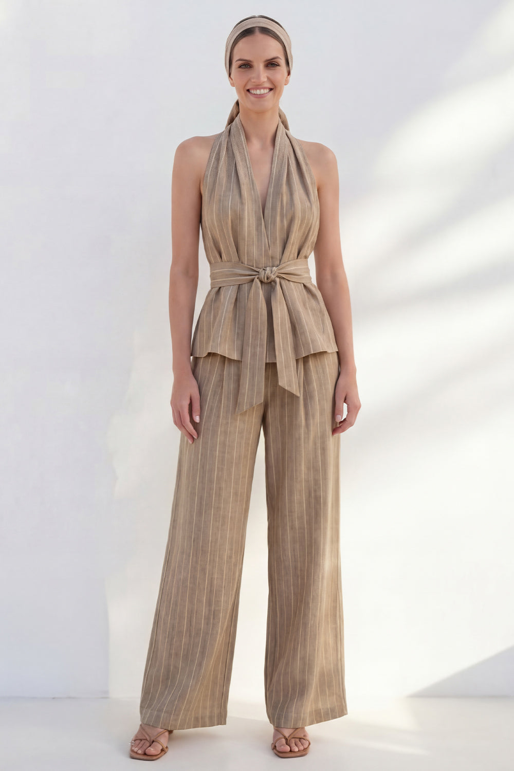 Khaki Halter 2 Piece Women's Linen Suits with Sash