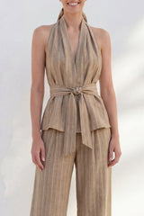 Khaki Halter 2 Piece Women's Linen Suits with Sash