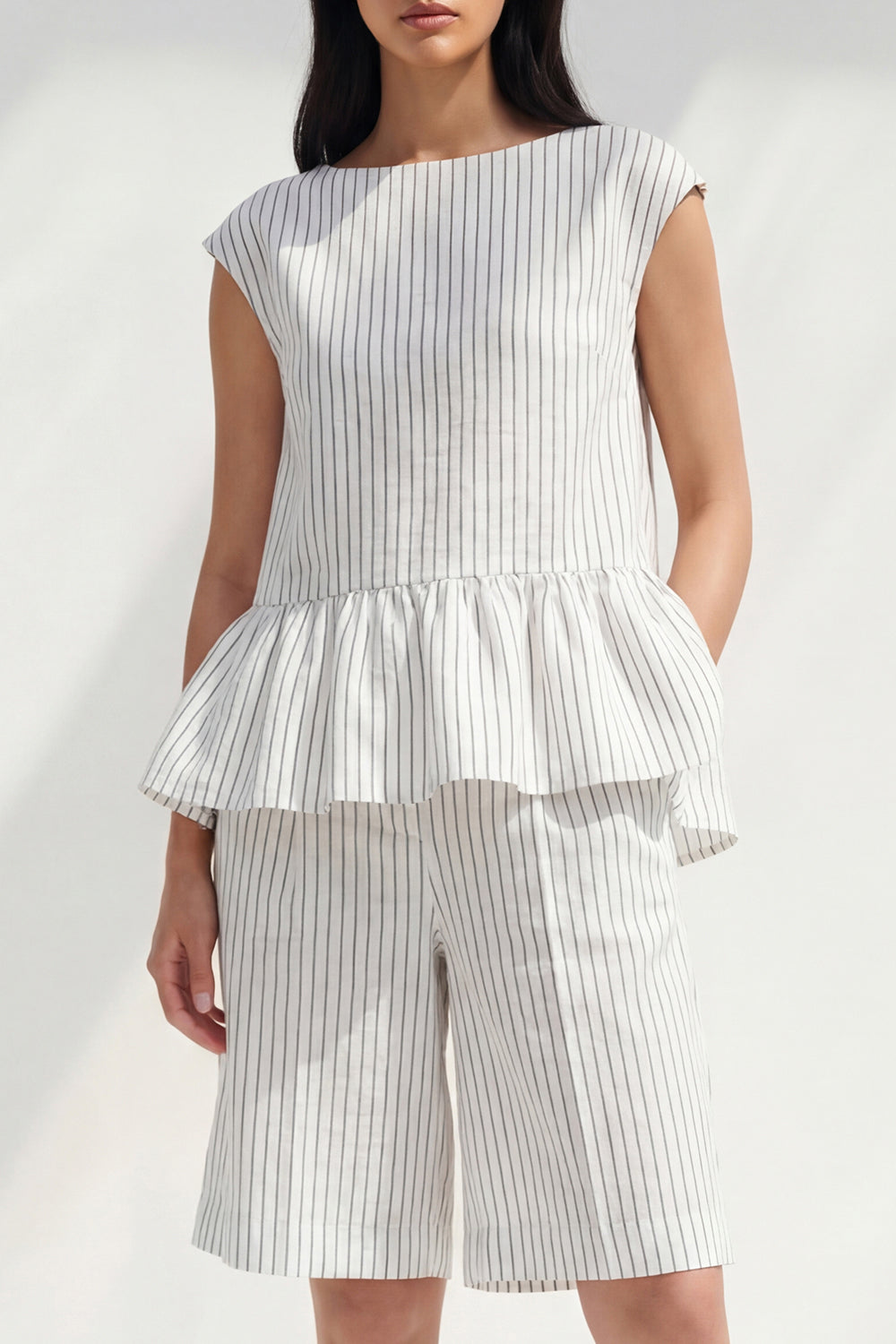 White Stripe 2 Piece Women's Linen Suits with Ruffles