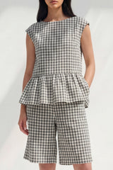 Plaid BLack White Grid 2 Piece Women's Linen Suits with Ruffles