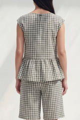 Plaid BLack White Grid 2 Piece Women's Linen Suits with Ruffles