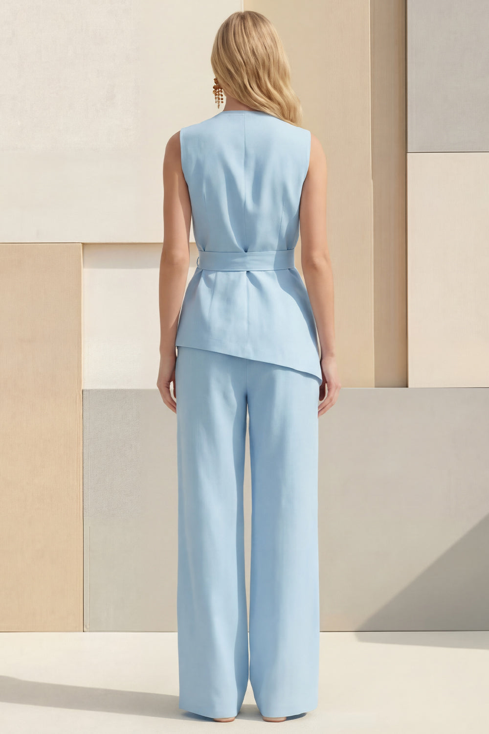 2 Piece Blue Women's Linen Suits with Sash