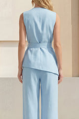 2 Piece Blue Women's Linen Suits with Sash