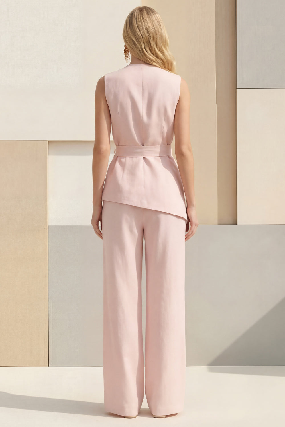 2 Piece Blue Women's Linen Suits with Sash