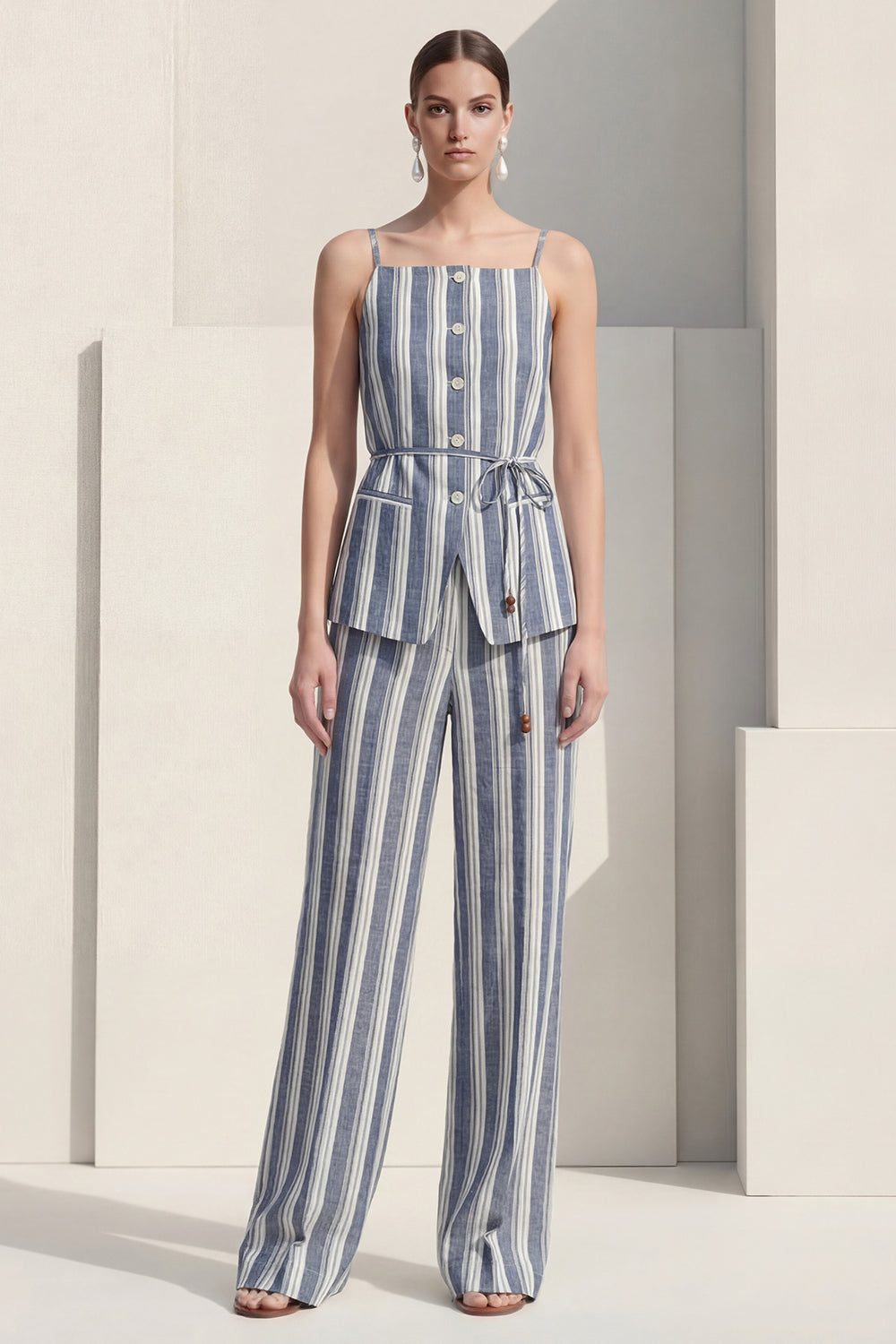 Stripe Dusty Blue 2 Piece Women's Linen Suits with Sash