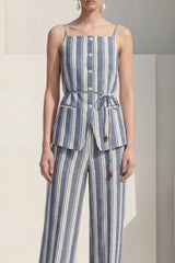 Stripe Dusty Blue 2 Piece Women's Linen Suits with Sash