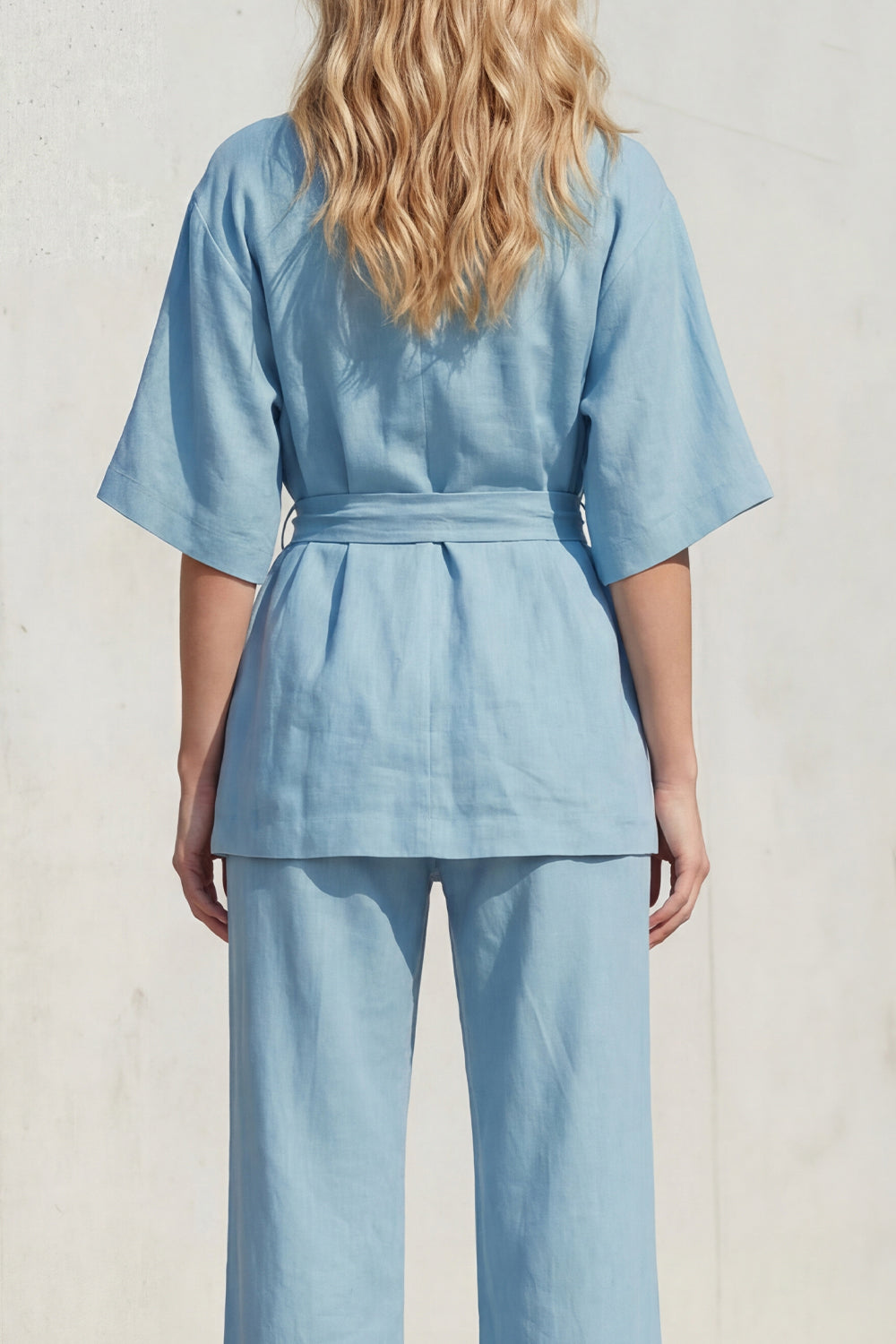 Yellow 2 Piece Half Sleeve Women's Linen Suits with Sash