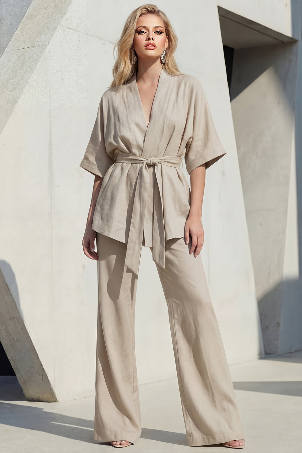 Yellow 2 Piece Half Sleeve Women's Linen Suits with Sash