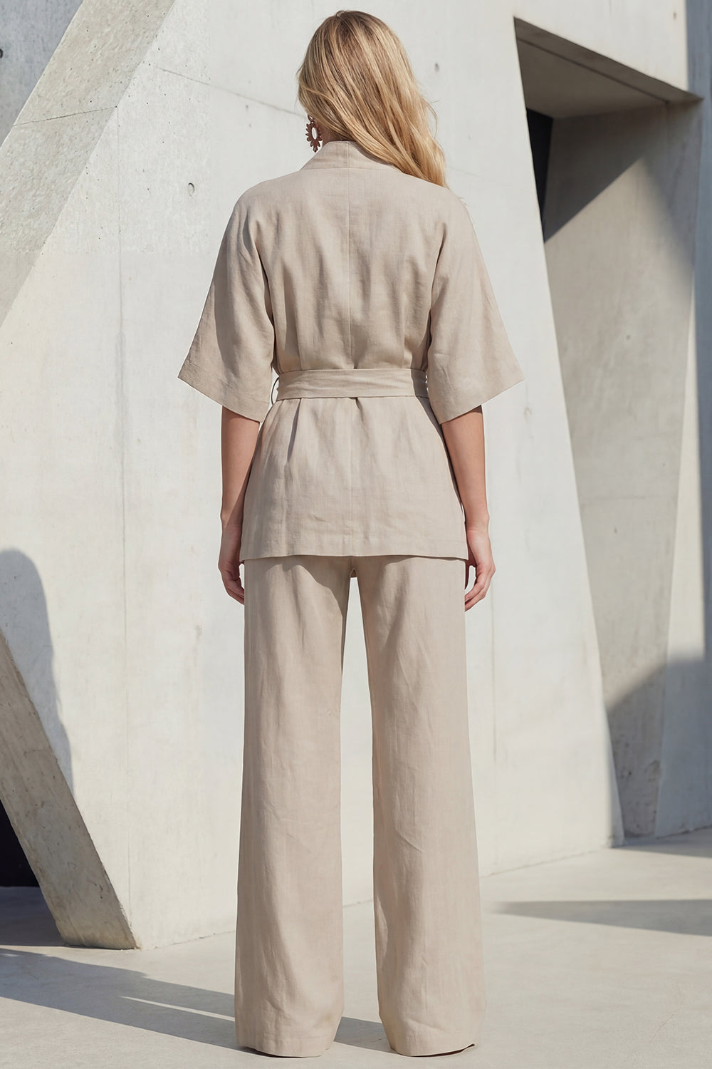 Yellow 2 Piece Half Sleeve Women's Linen Suits with Sash