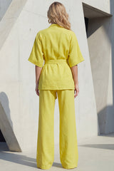 Yellow 2 Piece Half Sleeve Women's Linen Suits with Sash