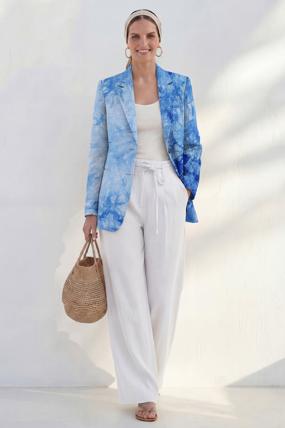 Blue 2 Piece Notched Lapel Printed Women's Linen Suits