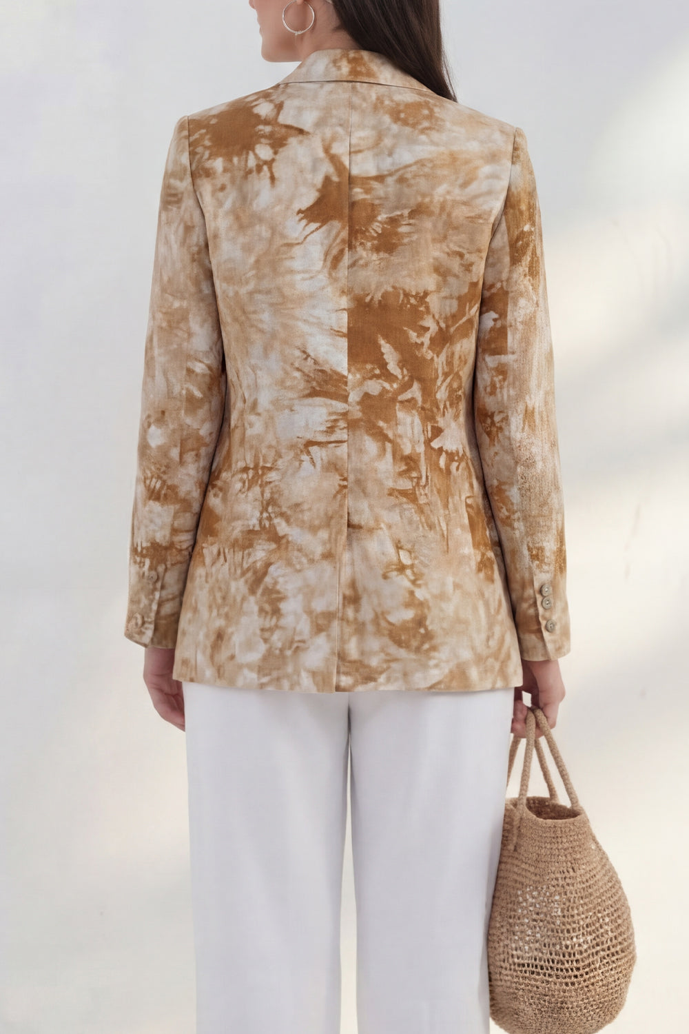 Blue 2 Piece Notched Lapel Printed Women's Linen Suits