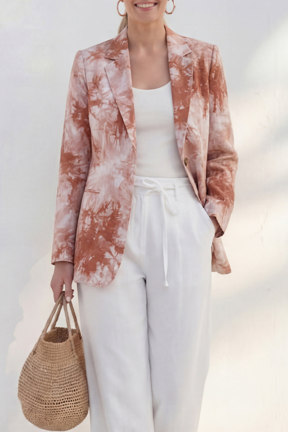 Blue 2 Piece Notched Lapel Printed Women's Linen Suits