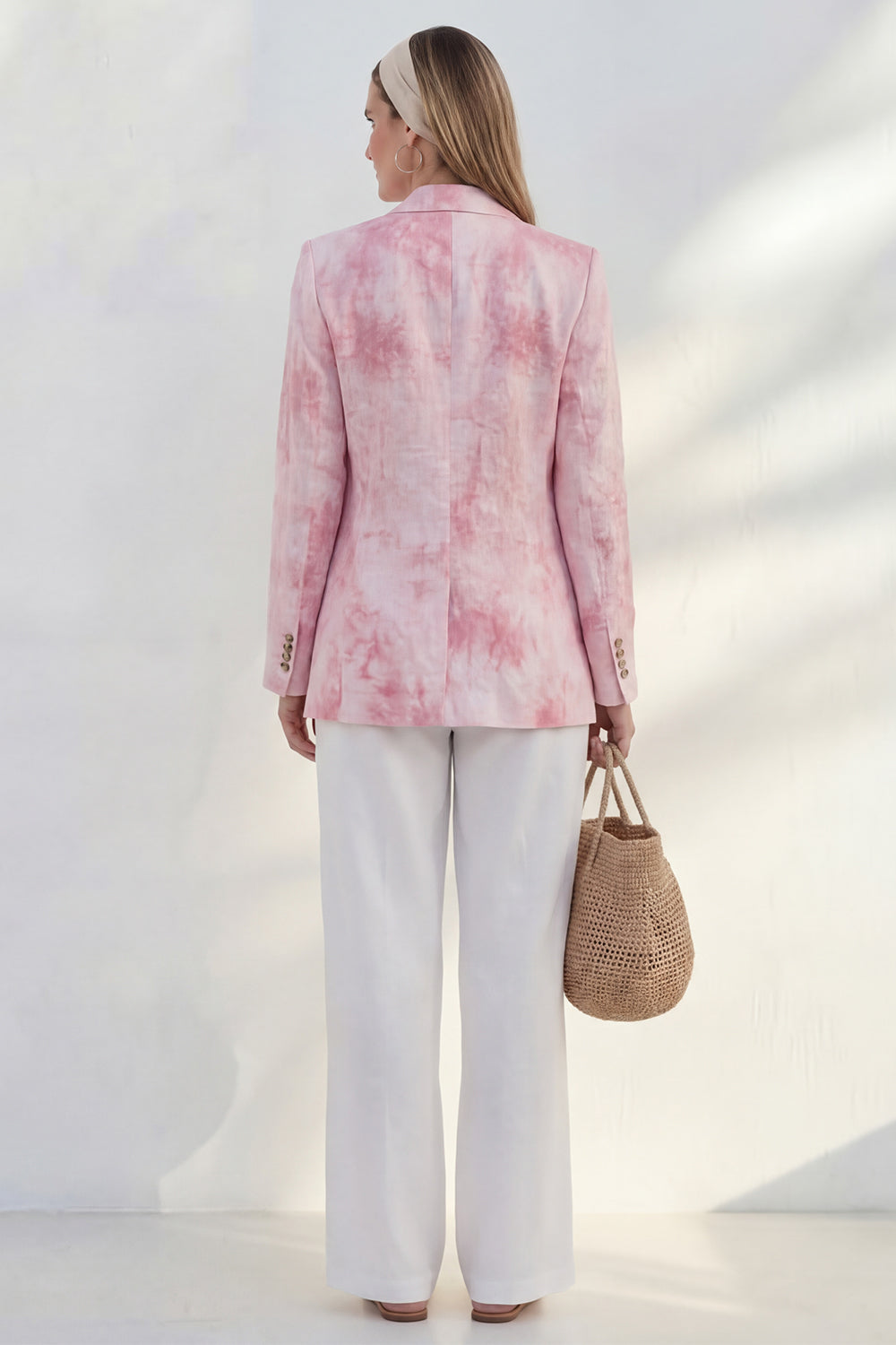 Blue 2 Piece Notched Lapel Printed Women's Linen Suits