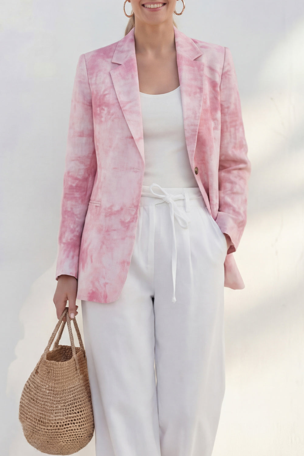 Blue 2 Piece Notched Lapel Printed Women's Linen Suits
