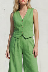 Green 2 Piece Sleeveless V Neck Women's Linen Suits