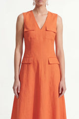 A Line Orange V Neck Sleeveless Midi Work Dress