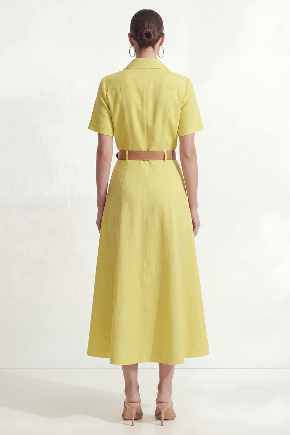 Yellow A Line Short Sleeve Midi Work Dress with Belt