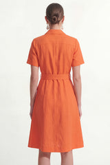 Notched Lapel A Line Orange Short Sleeve Midi Work Dress with Sash
