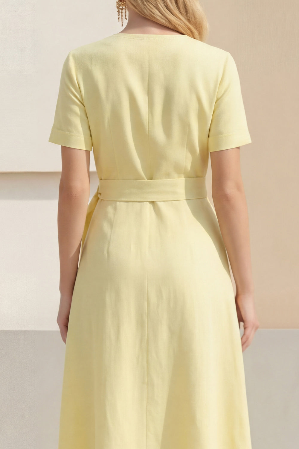 Short Sleeve Light Yellow A Line Midi Work Dress with Belt
