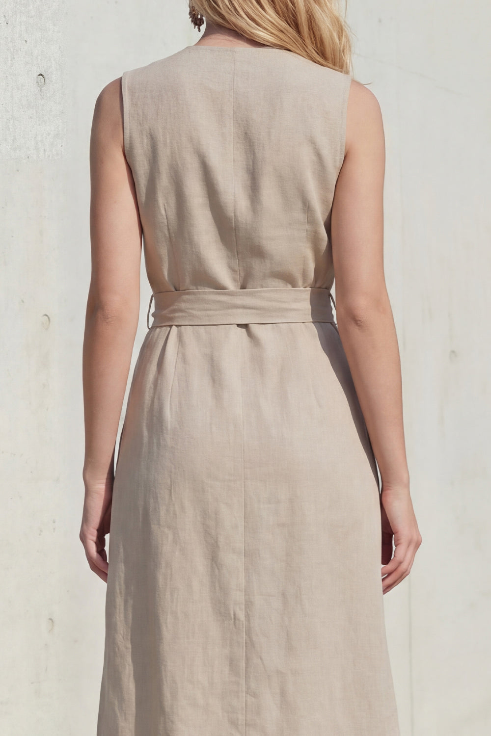 Khaki 2 Piece Sleeveless Women's Linen Suits with Sash