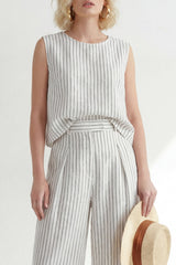 White 2 Piece Sleeveless Stripe Women's Linen Suits