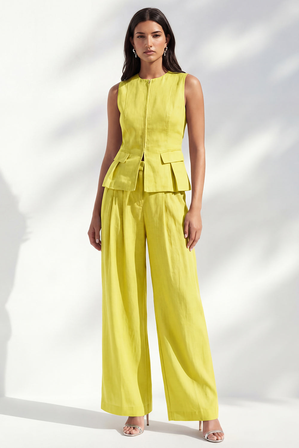 Yellow 2 Piece Round Neck Women's Linen Suits