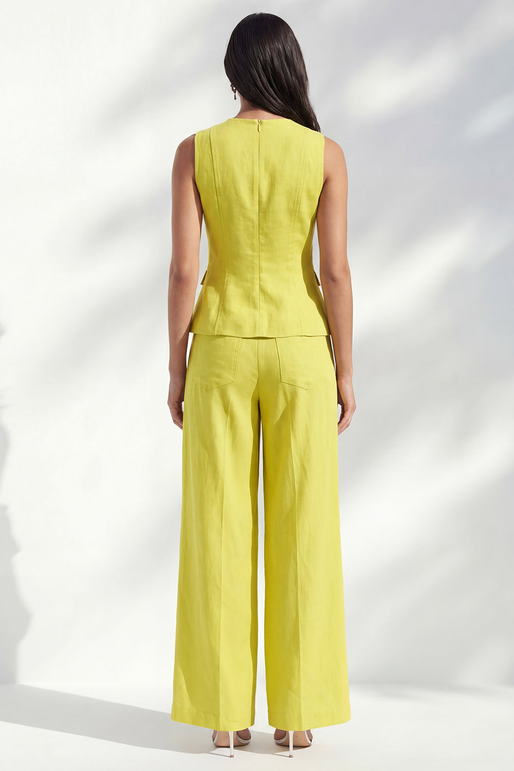 Yellow 2 Piece Round Neck Women's Linen Suits