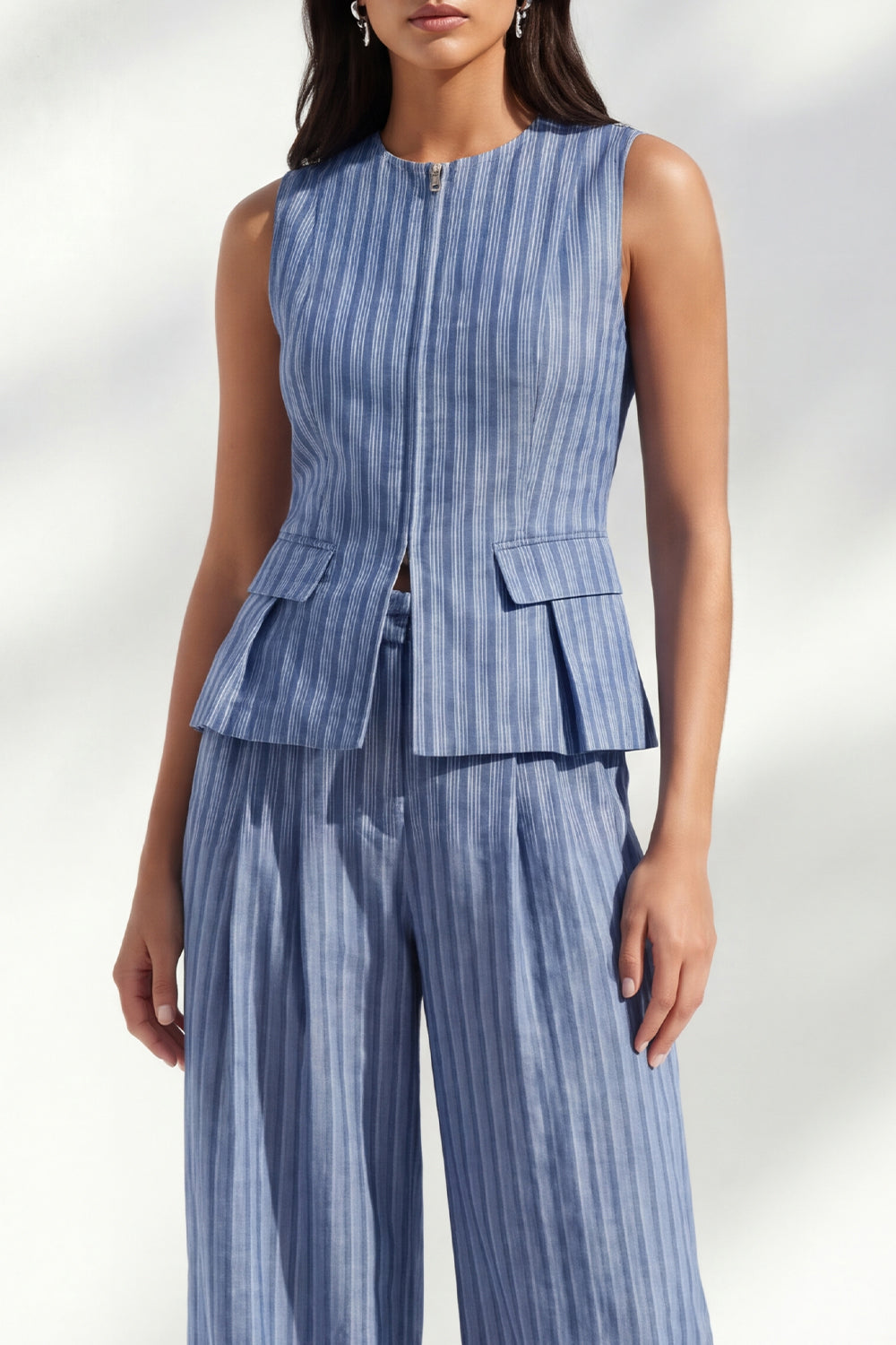 Dark Blue 2 Piece Stripe Sleeveless Women's Linen Suits