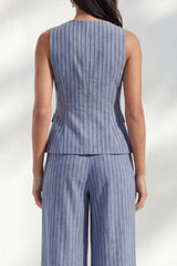 Dark Blue 2 Piece Stripe Sleeveless Women's Linen Suits
