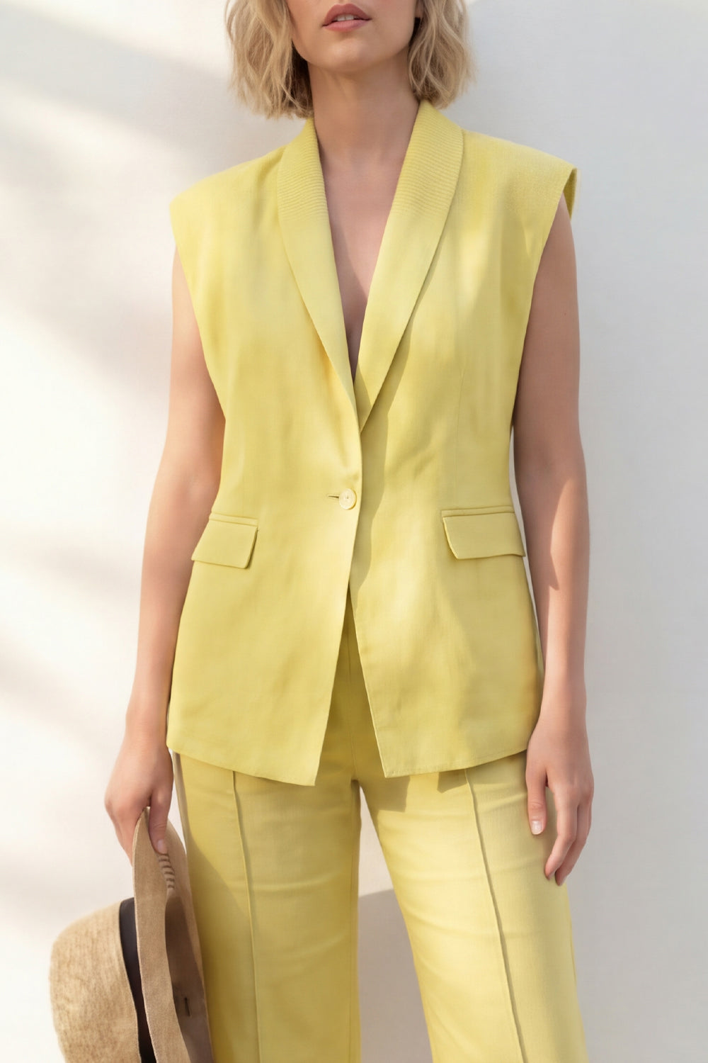 Shawl Lapel Yellow 2 Piece Women's Linen Suits