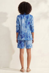 Notched Lapel Blue 2 Piece Printed Women's Linen Suits
