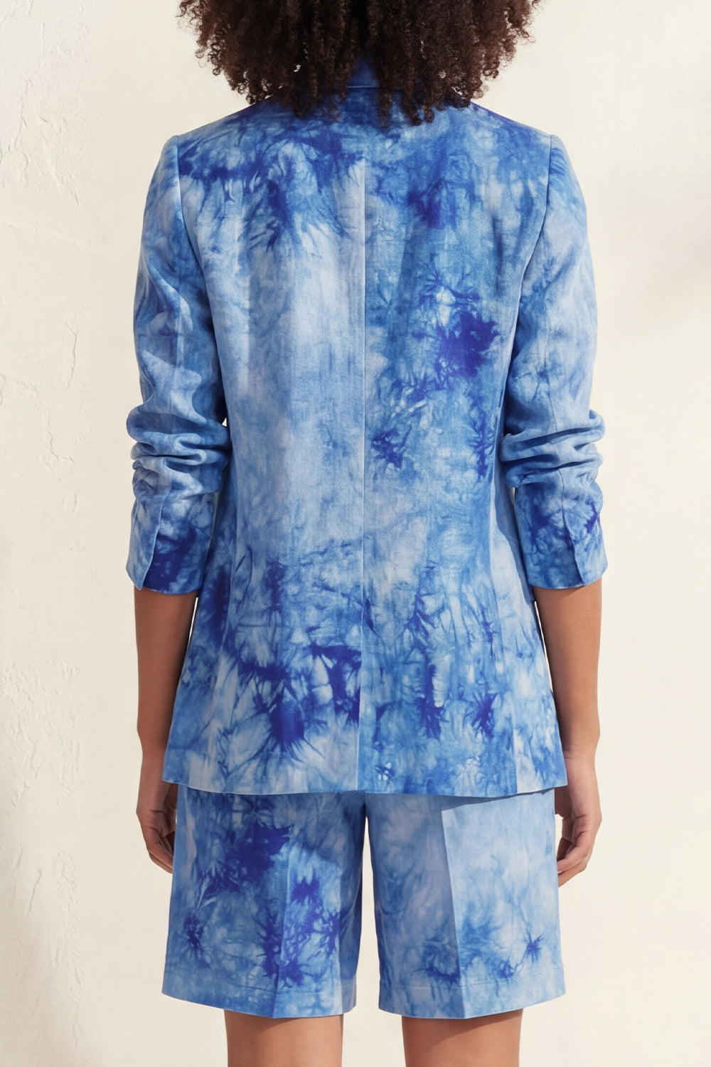 Notched Lapel Blue 2 Piece Printed Women's Linen Suits